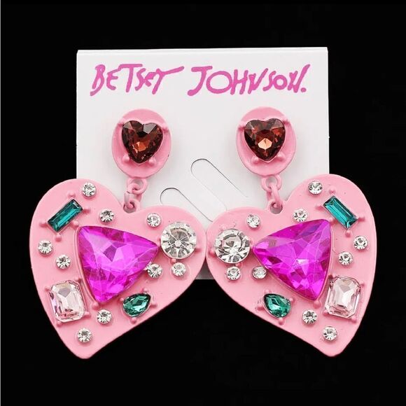 EARRINGS! Betsey Johnson Love Heart Gemstone Post Dangle Earrings BNWT - Picture 1 of 4